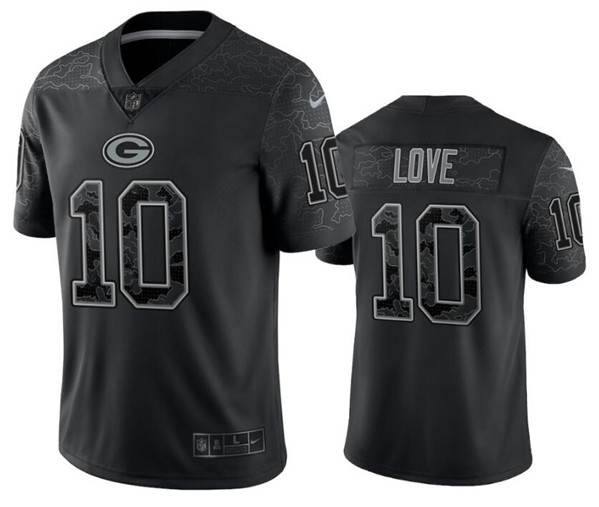 Men's Green Bay Packers #10 Jordan Love Black Reflective Limited Stitched Football Jersey